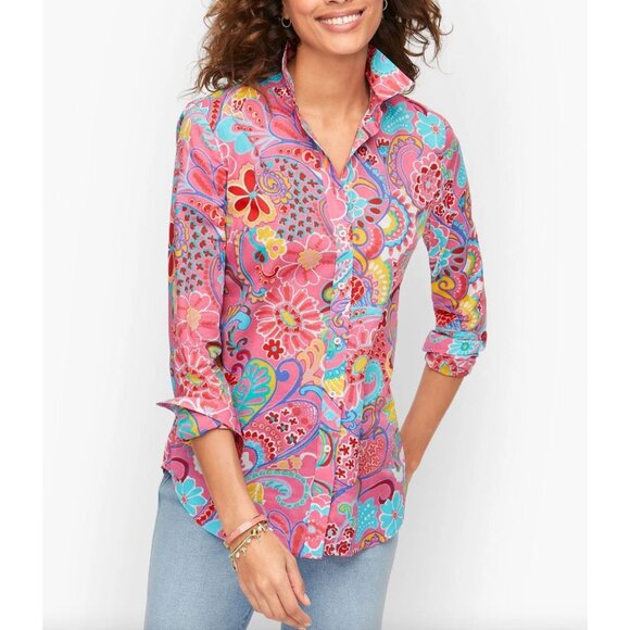 Talbots Plus 3X Vibrant Mod Floral Cotton Button Up Shirt Long Sleeve Blouse - Picture 1 of 12